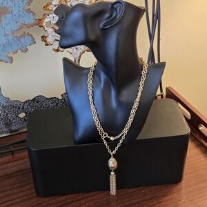 Long Goldtone Necklace – 18" Chain with 4" Ornate Egg Pendant & Tassel